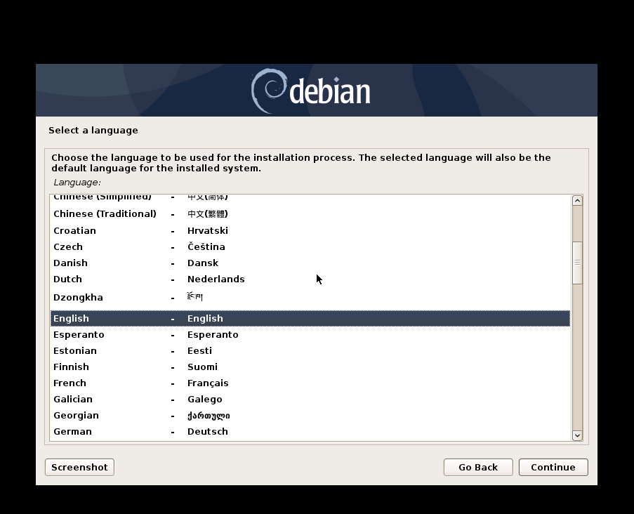 the image shows the second step of the Debian Buster installer: 'Select a language'.