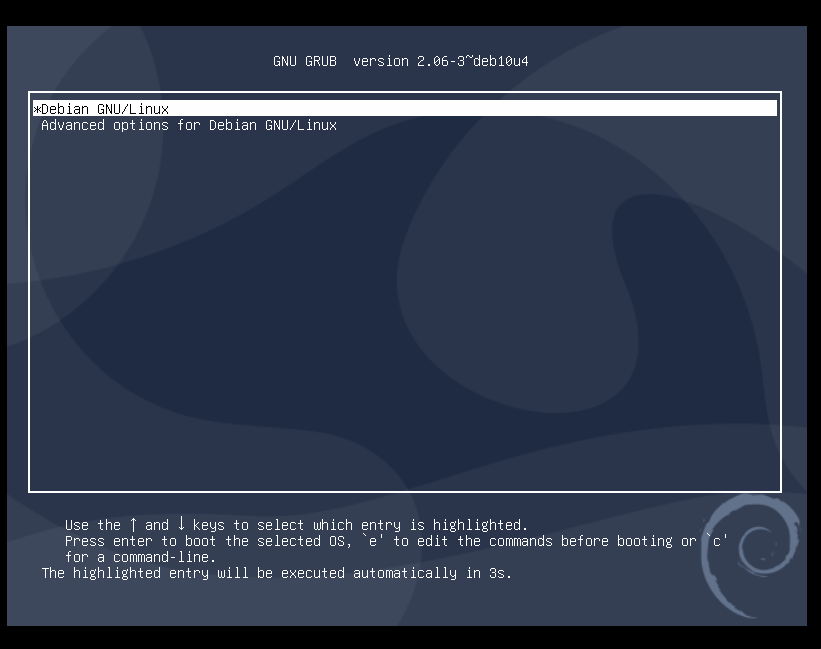the image shows Debian Buster booting.