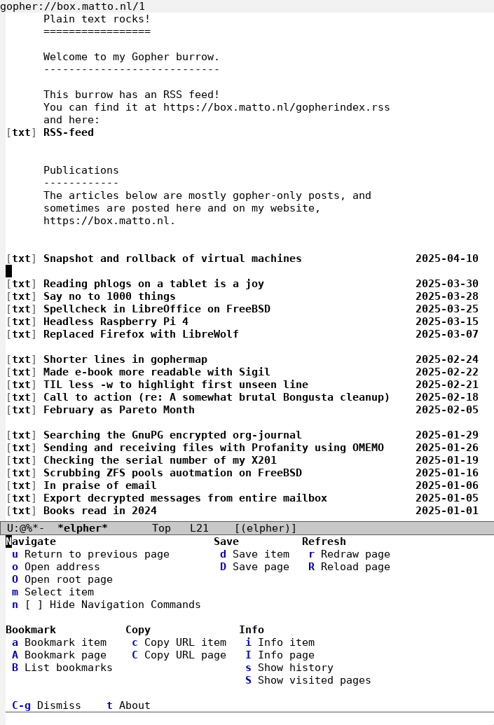 the image shows Emacs Elpher above its Transient menu.